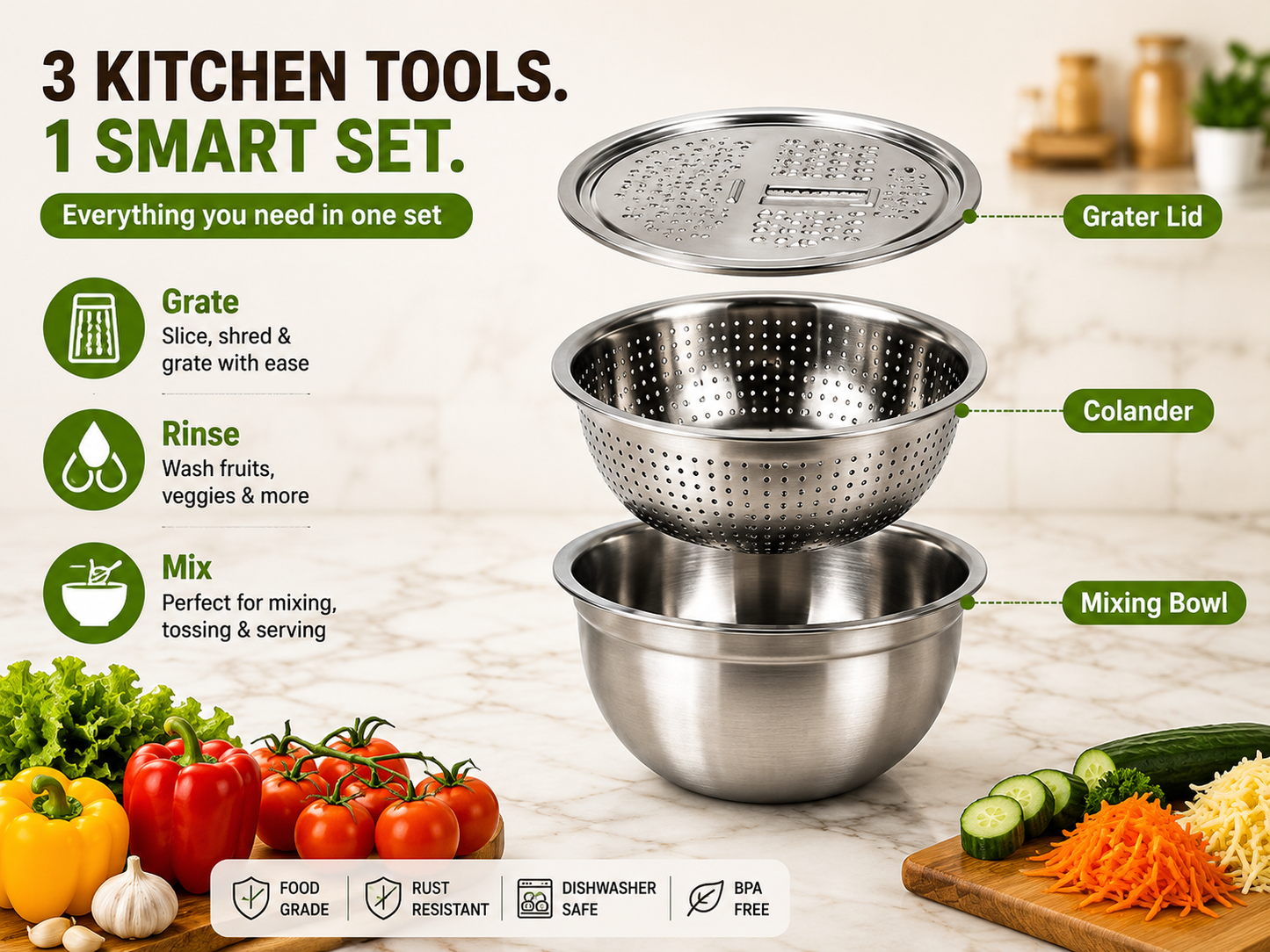 🥗 3-in-1 Stainless Steel Prep Bowl Set – Grate, Rinse, Mix & Serve