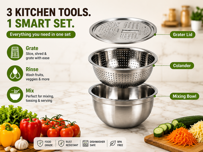 🥗 3-in-1 Stainless Steel Prep Bowl Set – Grate, Rinse, Mix & Serve