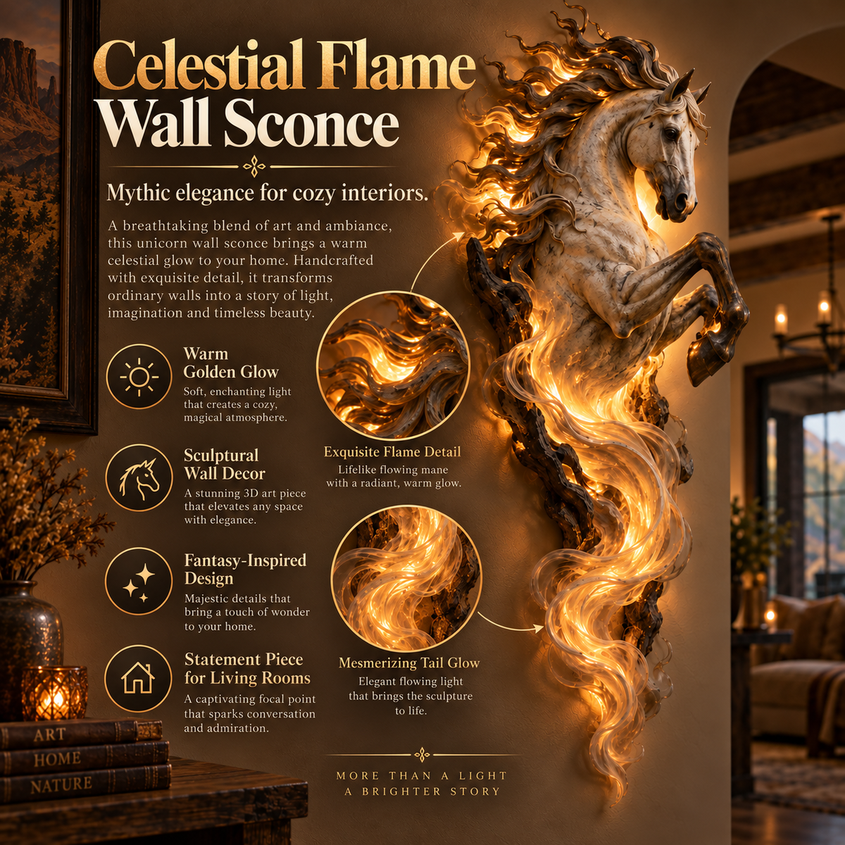 ✨ Celestial Flame™ Unicorn Wall Sculpture – Sculptural Beauty by Day, Warm Magic by Night