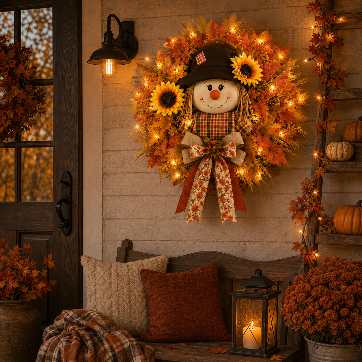 🔥🍁 Fall Favorite – Lighted Scarecrow Front Door Wreath