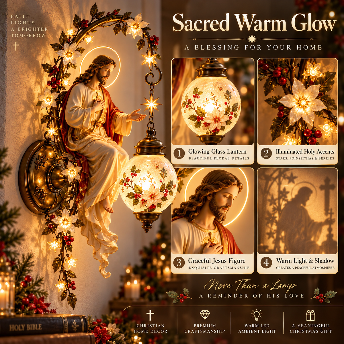 ✨ Sacred Light of Faith Wall Lamp – Jesus, Mary & Archangel Michael Christmas Collection