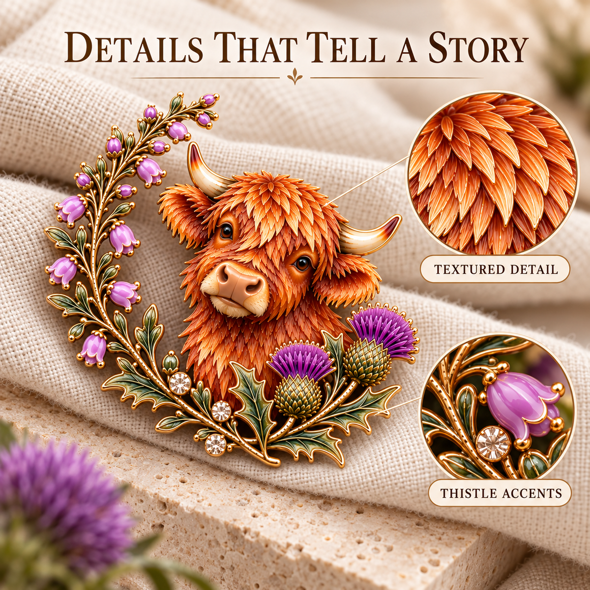 🐮Highland Spirit™ – Scottish Cow & Thistle Heritage Brooch