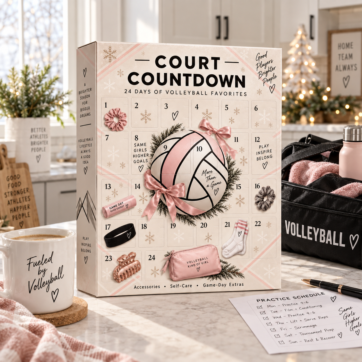Court Countdown displayed beside volleyball practice gear