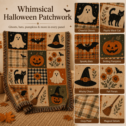 🍂🎃Vintage Halloween Woven Throw: 12-Tile Jacquard Blanket with Fringe