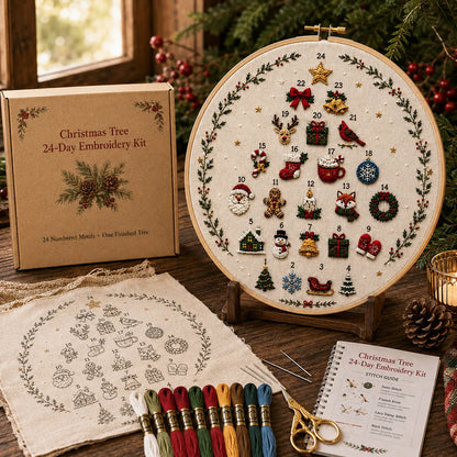 🔥Last day with huge discounts!🎄Beginner-Friendly 24-Day Christmas Tree Embroidery Kit | Complete DIY Set with Pre-Printed Fabric, Hoop, Floss, Needle & Stitch Guide Included 💕