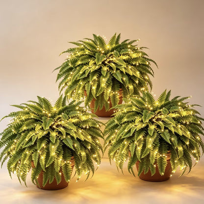 🌿 Lighted Boston Fern Hanging Basket – Lush No-Water Greenery with Warm Lights