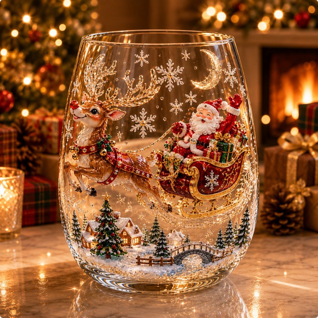 ✨🎅 LAST DAY 49% OFF –🎄 ✨ Magical Christmas 3D Glass Cup | Raised Festive Artwork, Sparkling Details & Holiday Gift Drinkware 🎅💎