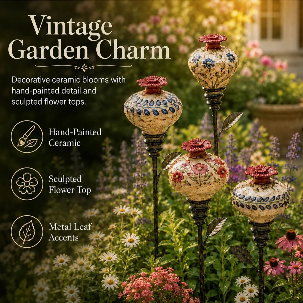 🔥Last Day 49% OFF🌺 Vintage Ceramic Hummingbird Feeder Garden Stake — Handcrafted Floral Bird Feeder Decoration