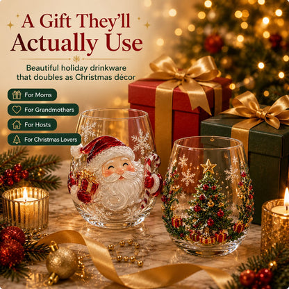 ✨🎅 LAST DAY 49% OFF –🎄 ✨ Magical Christmas 3D Glass Cup | Raised Festive Artwork, Sparkling Details & Holiday Gift Drinkware 🎅💎