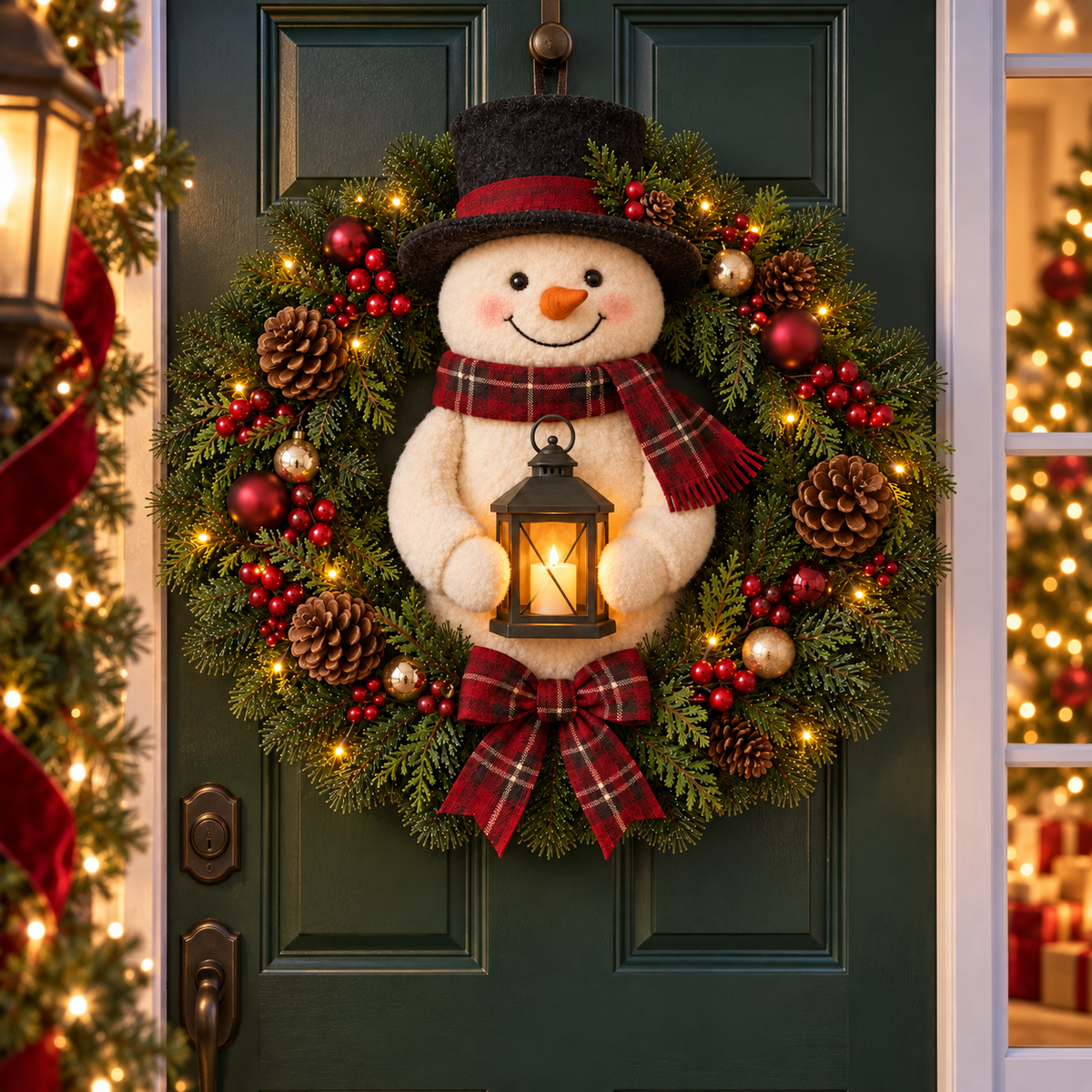 🎄 Christmas Sale | Light-Up Snowman Wreath with Lantern – Cozy Holiday Door Décor