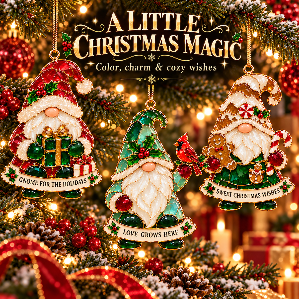 Christmas gnomes with red, green, and cream hats hanging among festive tree branches