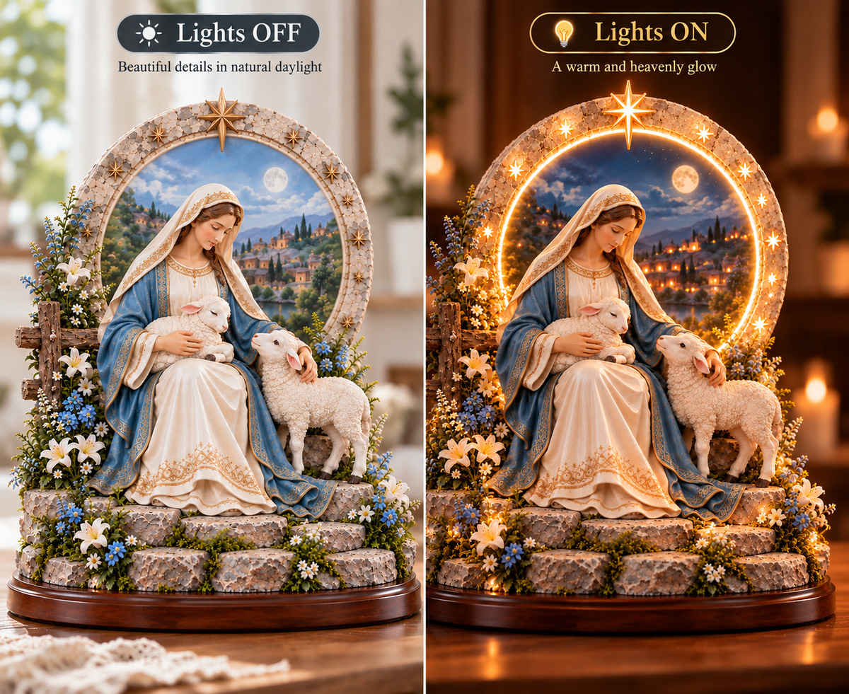 Mother of Grace daytime and nighttime comparison
