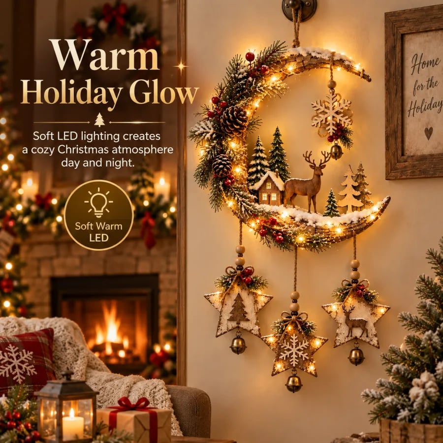 🌙🦌Lighted Rustic Christmas Crescent Moon Wall Decor