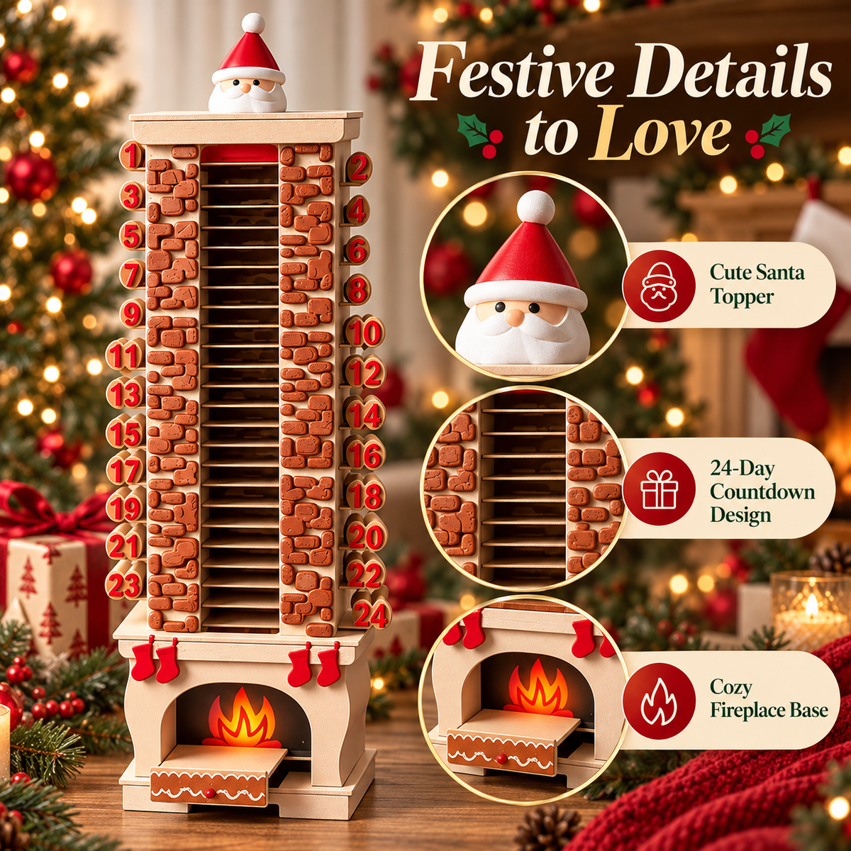 Santa fireplace Christmas calendar decorative details