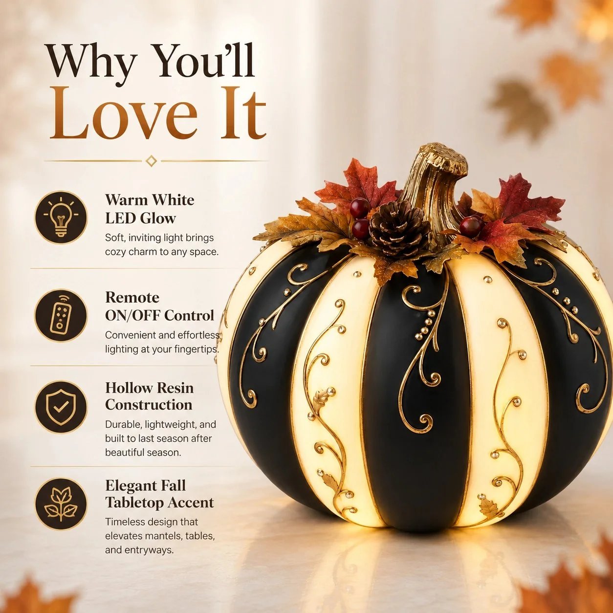 🎉Lighted Black & Ivory Pumpkin Decor with Remote