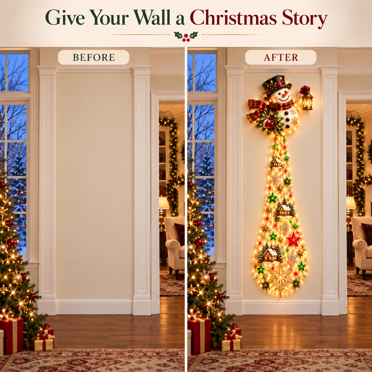 Before and after comparison of a bare living room wall and the same wall decorated with the Snowman cascade light