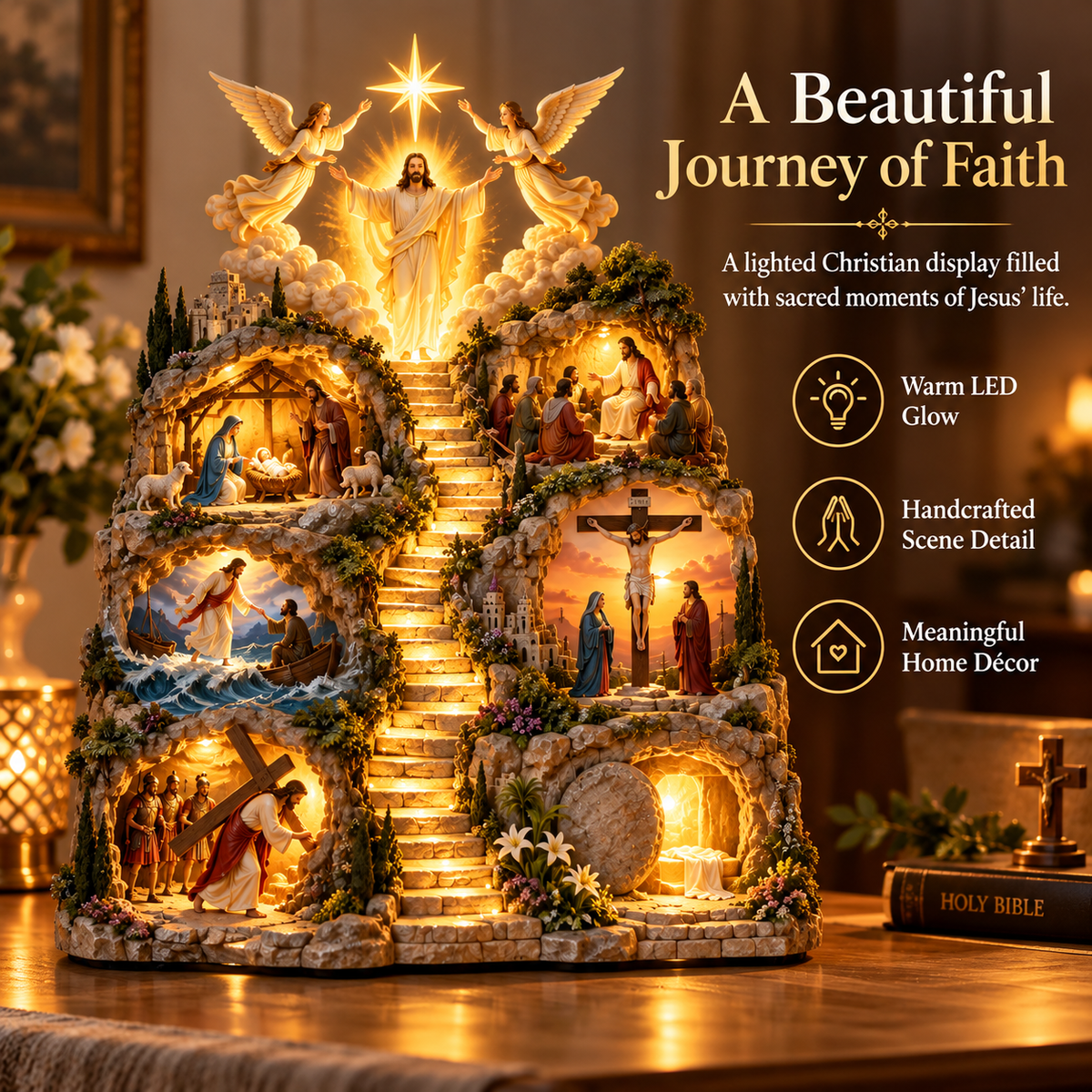 ✝️✨ Journey of Jesus– 3D Lighted Bible Story Sculpture | From His Birth to Resurrection