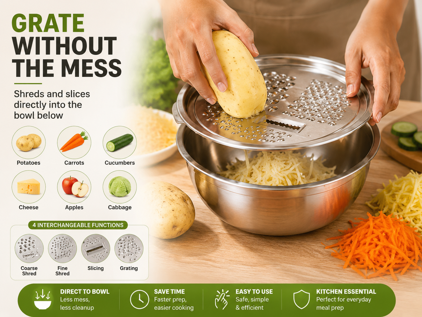 🥗 3-in-1 Stainless Steel Prep Bowl Set – Grate, Rinse, Mix & Serve