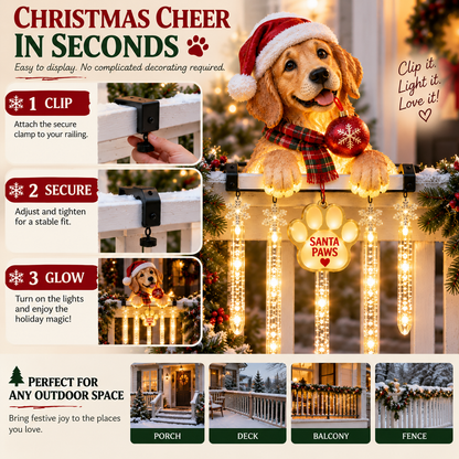 🐾 Santa Paws Christmas Porch Glow – Lighted Dog Railing Decor 🎄✨