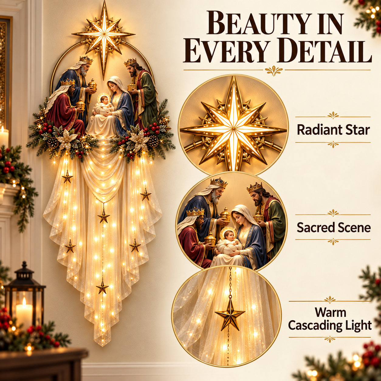 Close-up details of the radiant star, sacred scene and cascading light
