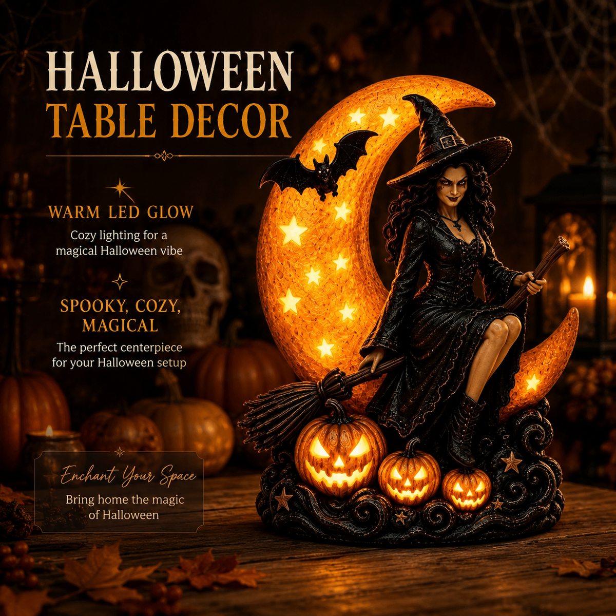 🔥🎃60% OFF Lighted Witch on Crescent Moon with Pumpkins LED Halloween Tabletop Lamp