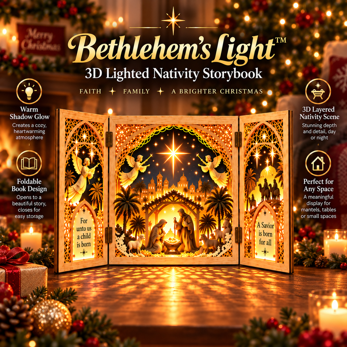 🎄✝️ Bethlehem's Light™ – 3D Lighted Nativity Storybook | Foldable Christmas Shadow Lamp ✨