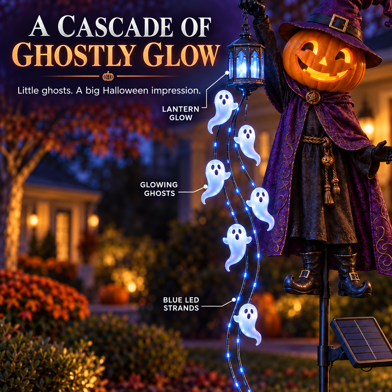 🎃 Halloween Sale 👻 Pumpkin Wizard Solar Garden Light with Glowing Ghost Cascade