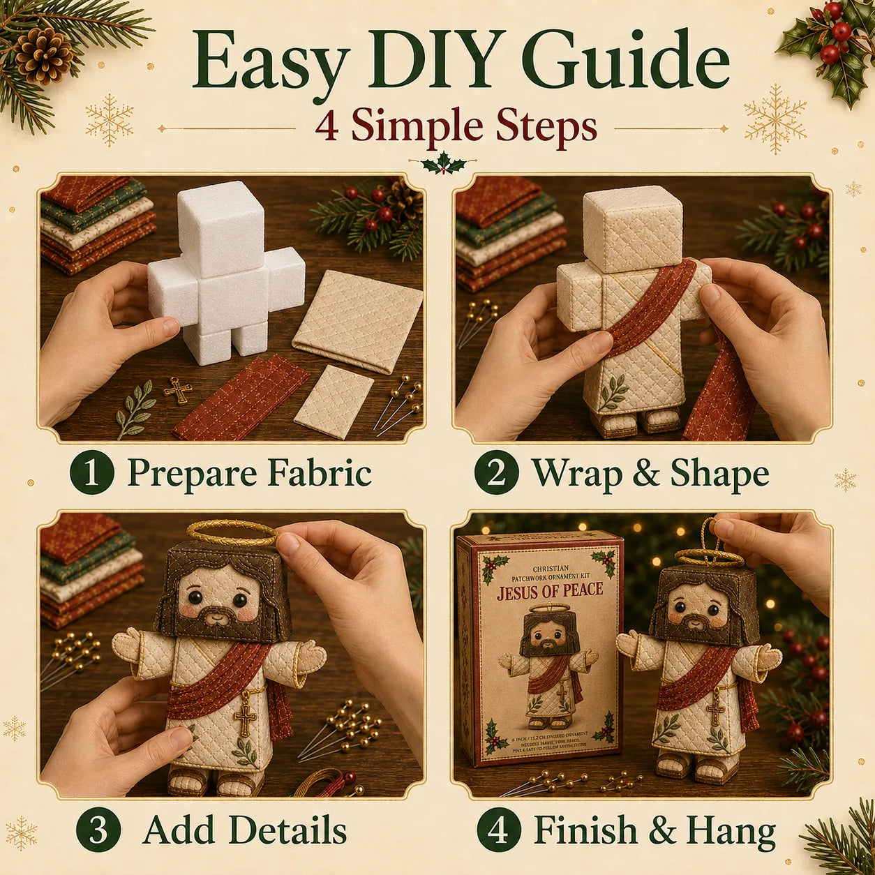 🔥Last day with huge discounts! – ✝️ Beginner-Friendly DIY Christian Block Figure Patchwork Ornament Kit Collection | Complete Kit with Pre-Cut Fabrics, Padded Ornament Form & Step-by-Step Guide Included 💕