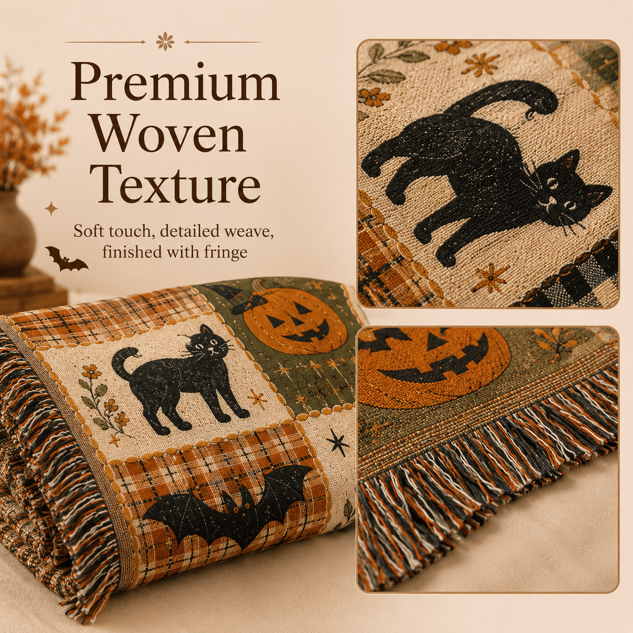🍂🎃Vintage Halloween Woven Throw: 12-Tile Jacquard Blanket with Fringe
