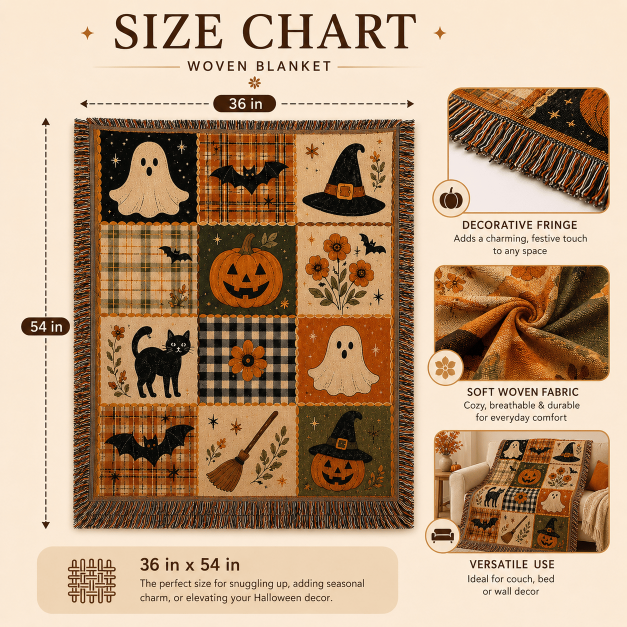 🍂🎃Vintage Halloween Woven Throw: 12-Tile Jacquard Blanket with Fringe