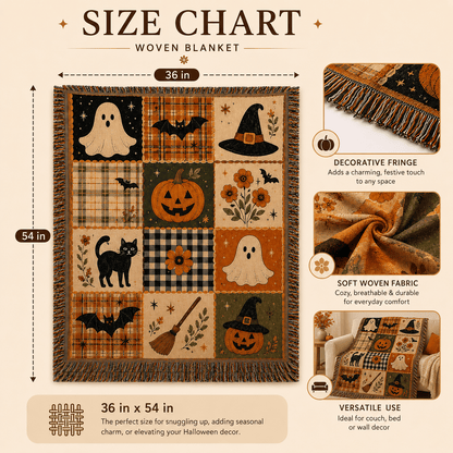 🍂🎃Vintage Halloween Woven Throw: 12-Tile Jacquard Blanket with Fringe