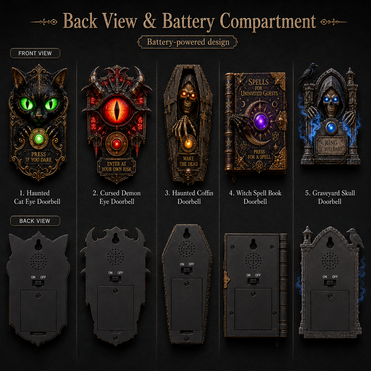 Haunted Doorbell back view and battery compartment