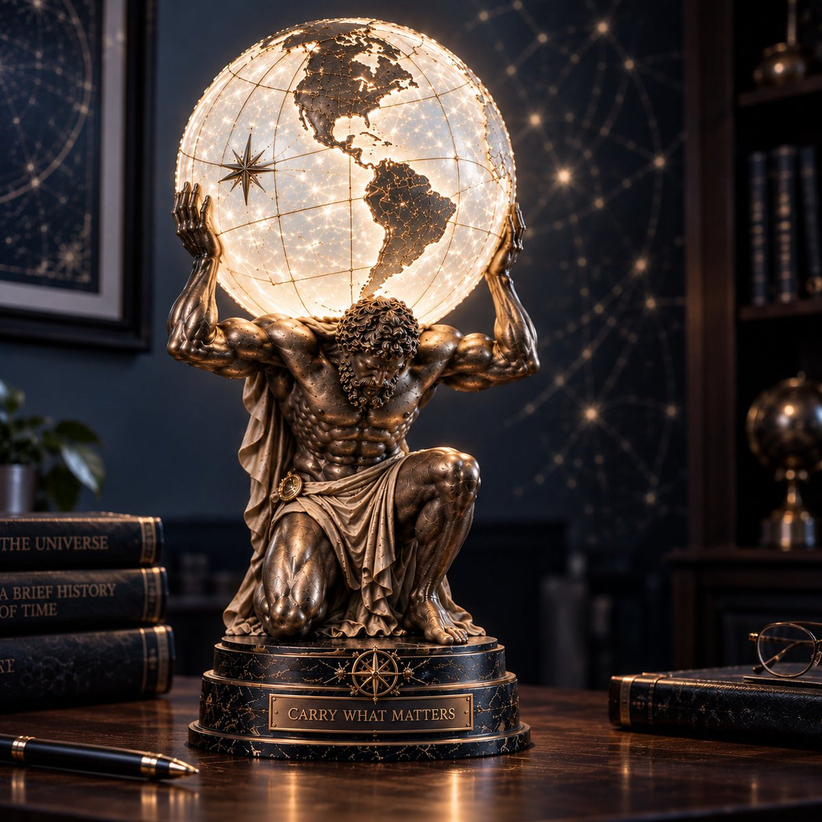 🌍 Atlas Worldbearer™ Illuminated Globe Sculpture – Carry the World. Light What Matters.