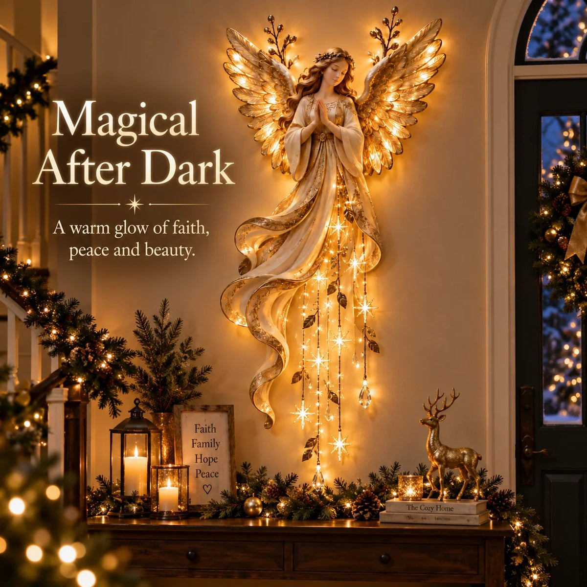 👼🌙Guardian Angel Starfall Cascade™ – Lighted Faith & Blessing Christmas Wall Decor✨