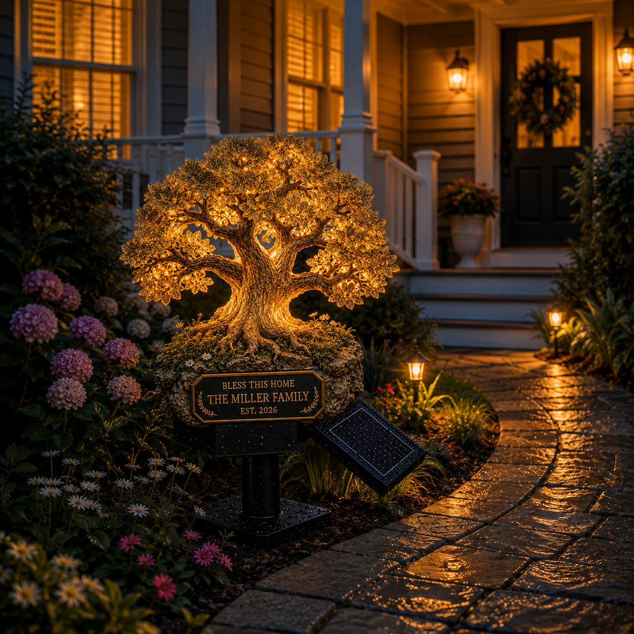 Personalized family tree solar light glowing beside a front walkway