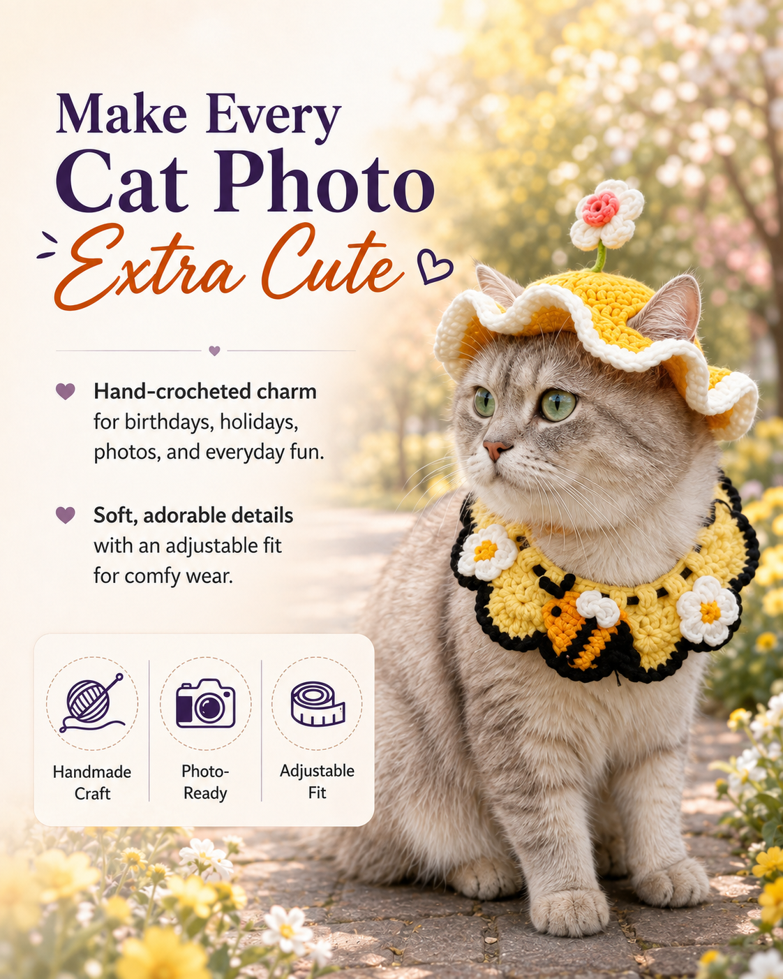 Handmade Crochet Pet Hat – Cute Character Bonnet for Cats