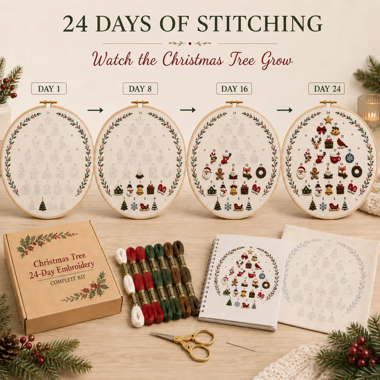 🔥Last day with huge discounts!🎄Beginner-Friendly 24-Day Christmas Tree Embroidery Kit | Complete DIY Set with Pre-Printed Fabric, Hoop, Floss, Needle & Stitch Guide Included 💕