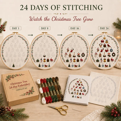 🔥Last day with huge discounts!🎄Beginner-Friendly 24-Day Christmas Tree Embroidery Kit | Complete DIY Set with Pre-Printed Fabric, Hoop, Floss, Needle & Stitch Guide Included 💕