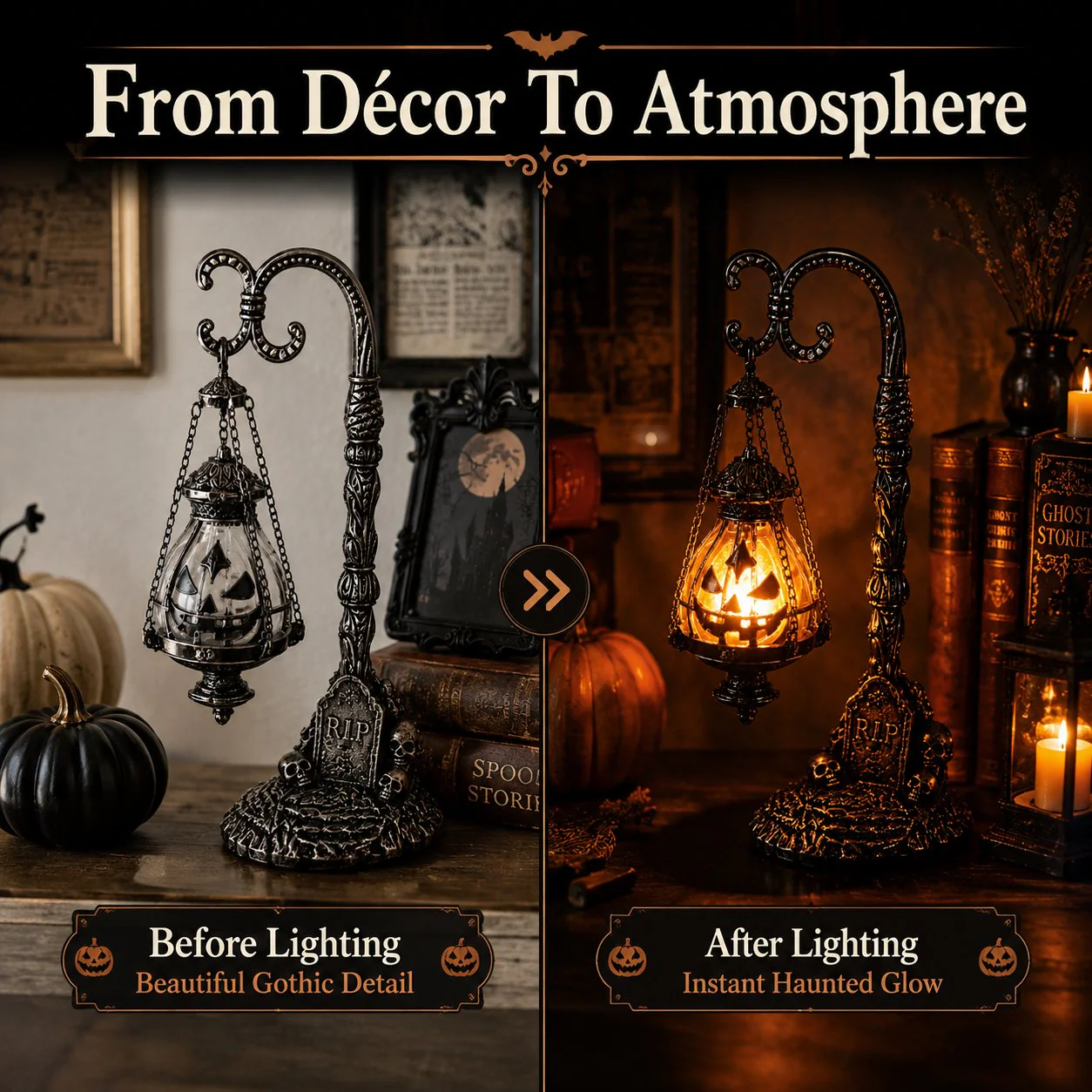 🔥 Last Day 50% OFF 🎃 Gothic Pumpkin Lantern Stand | Warm Orange LED Glow & Haunted Victorian Decor🕯️