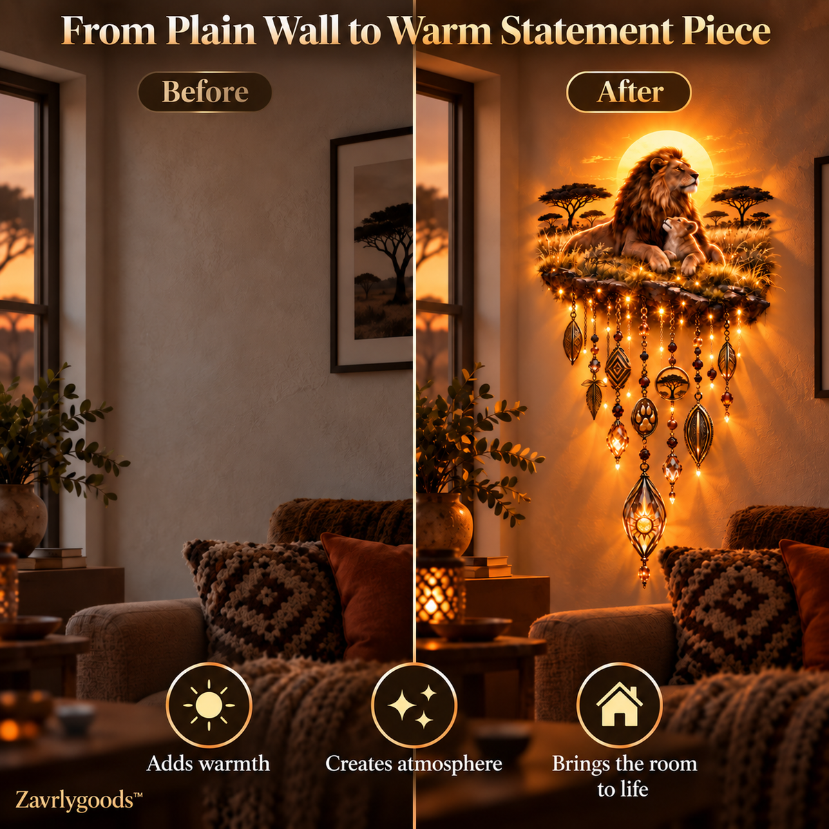 Before and after wall transformation using Majestic Savannah Family Glow