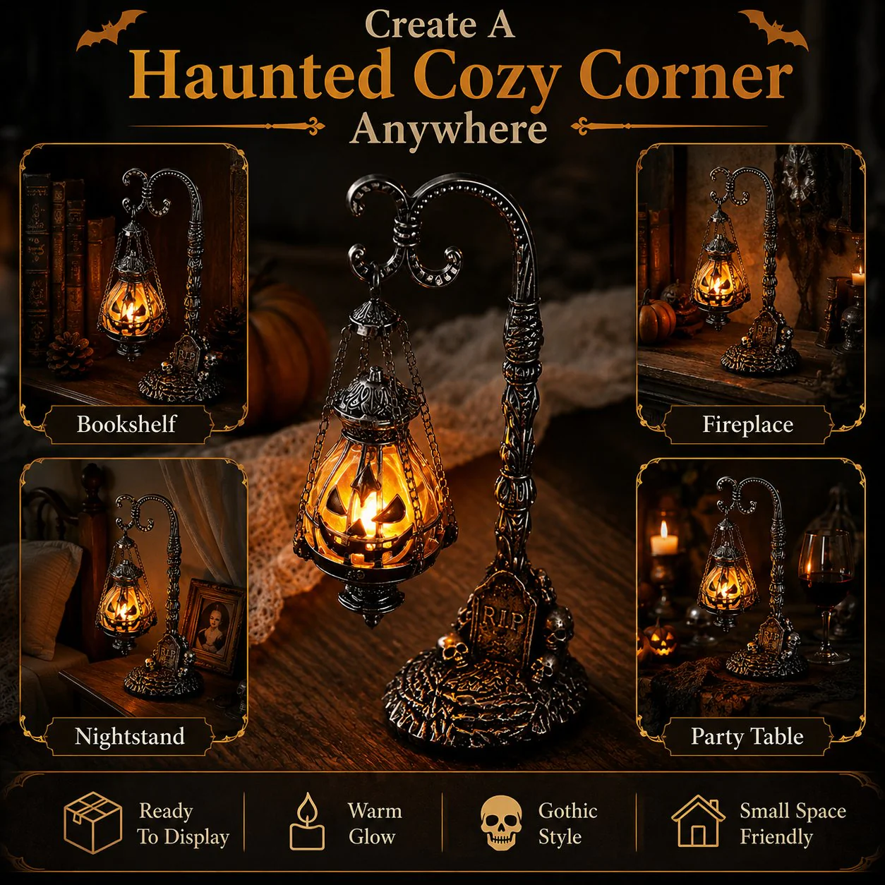 🔥 Last Day 50% OFF 🎃 Gothic Pumpkin Lantern Stand | Warm Orange LED Glow & Haunted Victorian Decor🕯️
