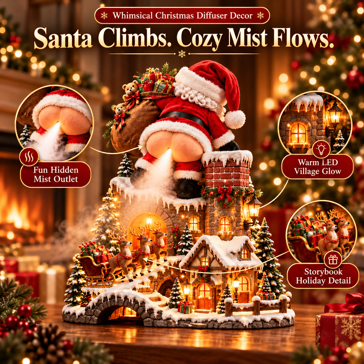 Funny Santa Christmas village diffuser with snowy houses and glowing lights