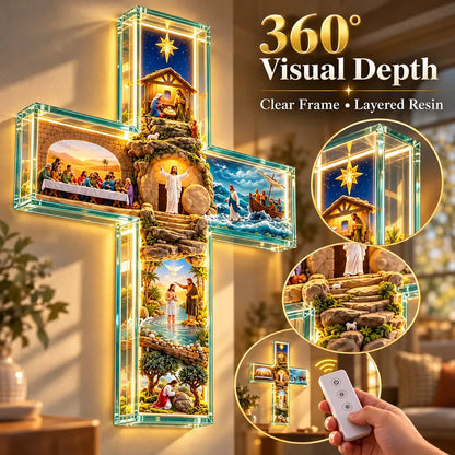 ✨Hot Sale – 49% OFF✝️ His Story Cross – 3D Biblical Wall Cross with 6 Sacred Scenes | Lighted & Classic Options