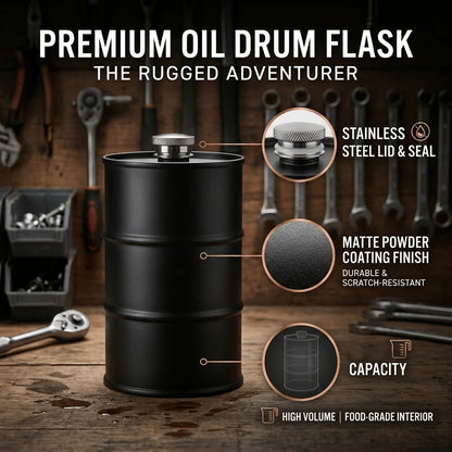 🛢️ Vintage Oil Drum Flask – Stainless Steel Camping & Travel Beverage Bottle