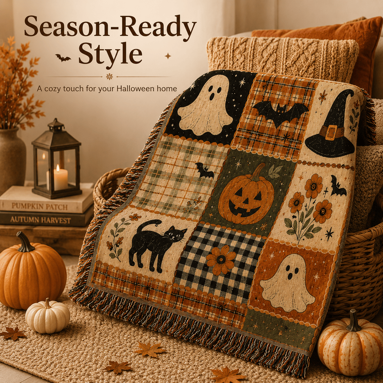 🍂🎃Vintage Halloween Woven Throw: 12-Tile Jacquard Blanket with Fringe