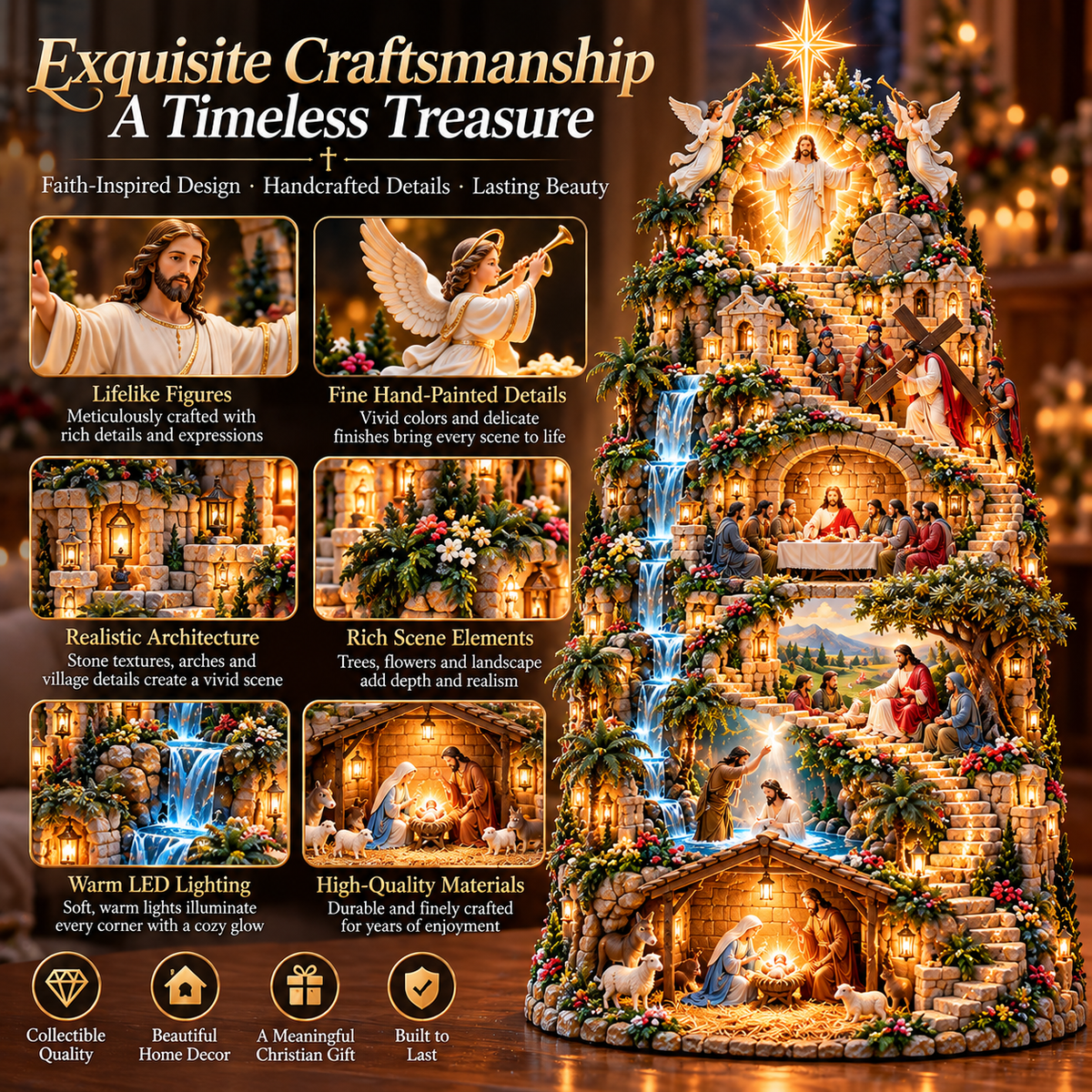✝️ The Journey of Faith™ – Lighted 3D Jesus Life Story Mountain with 6 Sacred Biblical Scenes