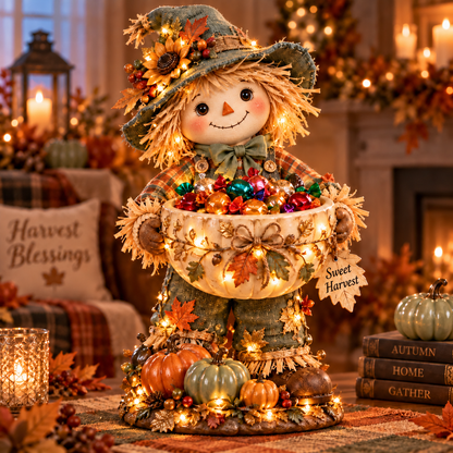 🍂 Harvest Buddy™ – Lighted Scarecrow Candy Bowl & Thanksgiving Centerpiece
