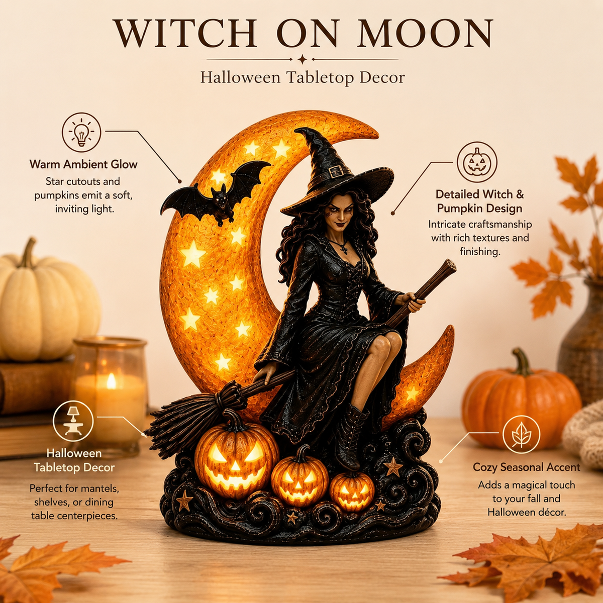🔥🎃60% OFF Lighted Witch on Crescent Moon with Pumpkins LED Halloween Tabletop Lamp