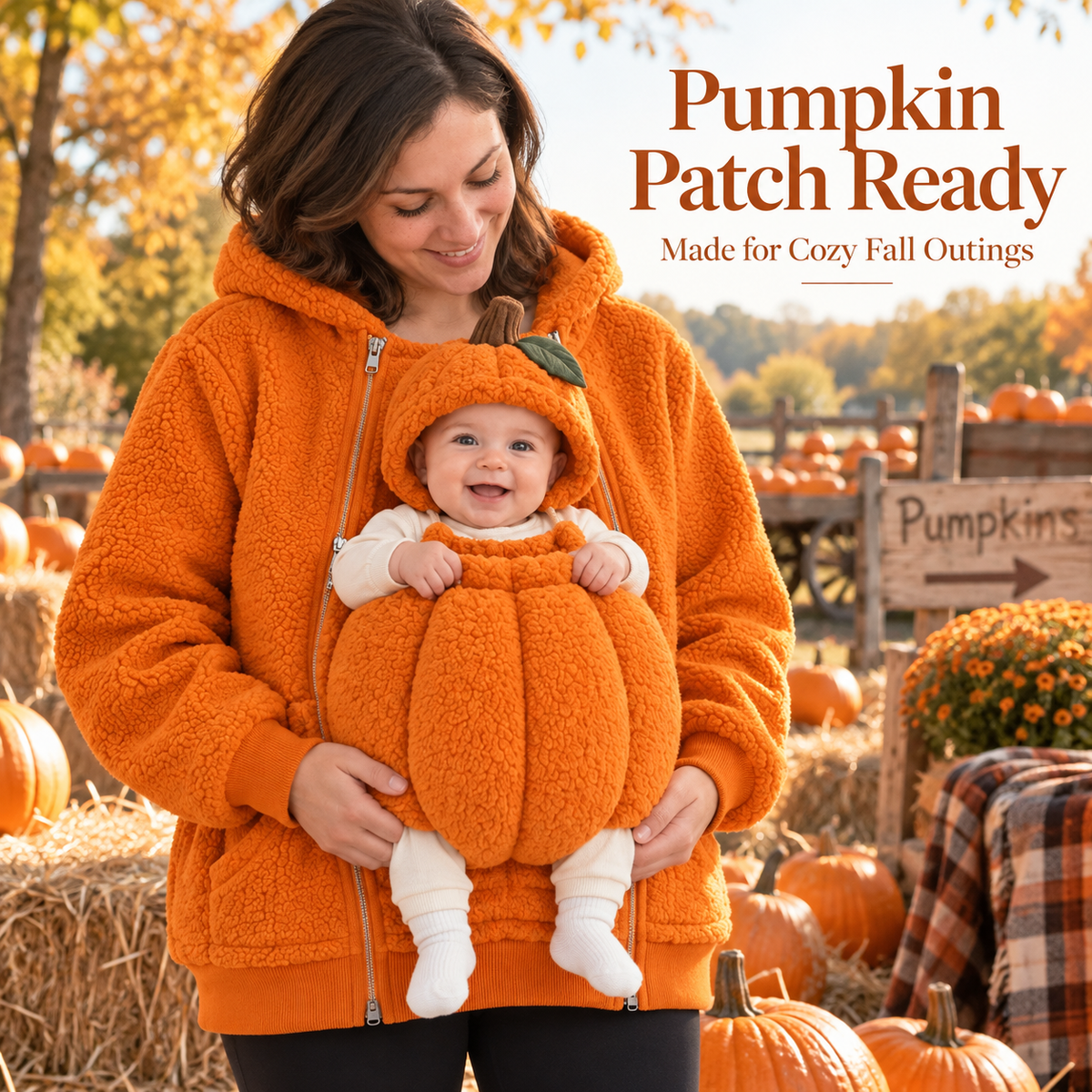 Mom and baby wearing pumpkin carrier at a fall pumpkin patch