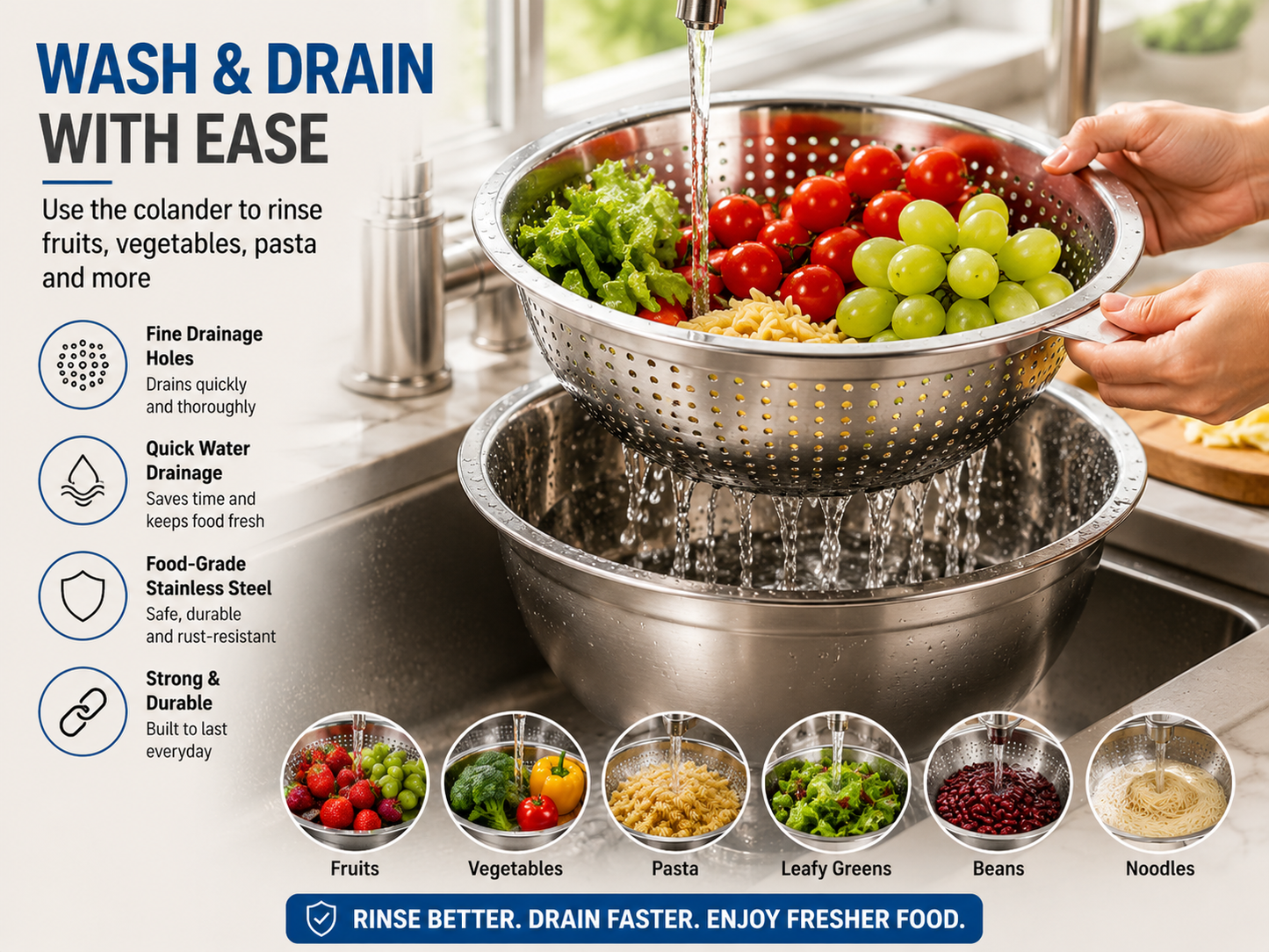 🥗 3-in-1 Stainless Steel Prep Bowl Set – Grate, Rinse, Mix & Serve